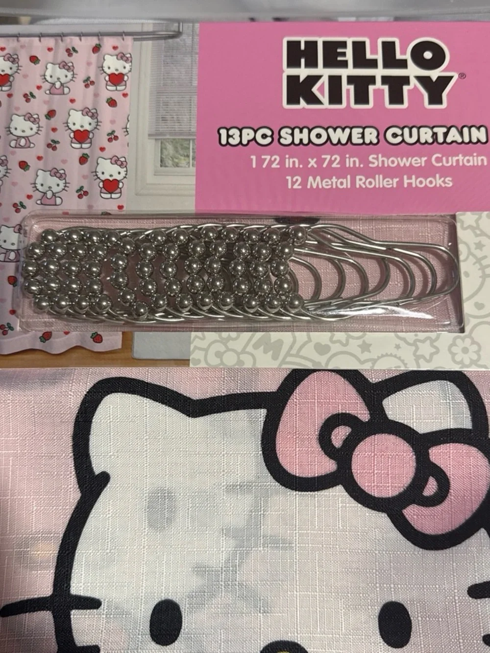 NWT Hello Kitty Pink Shower Curtain Set with strawberries and cherries